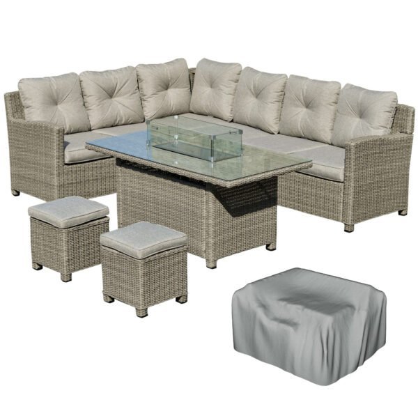 Outsunny 8 Seater Rattan Garden Sofa Set with Fire Pit Table, L-Shape Seating & Furniture Cover