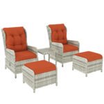 Outsunny 5 Piece Rattan Bistro Set with Adjustable Back, Cushions & Glass Top Coffee Table