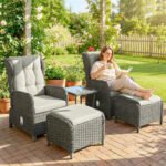 Outsunny 5 Piece Rattan Bistro Set with Adjustable Back, Cushions & Glass Top Coffee Table - Image 38
