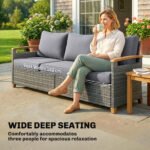 Outsunny 3 Seater Rattan Garden Sofa – Wide Deep Seat with 4 Inch Cushions & Wood Effect Armrests - Image 6