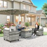 Outsunny 5 Piece Rattan Garden Furniture Set with Fire Pit Table – Grey - Image 2